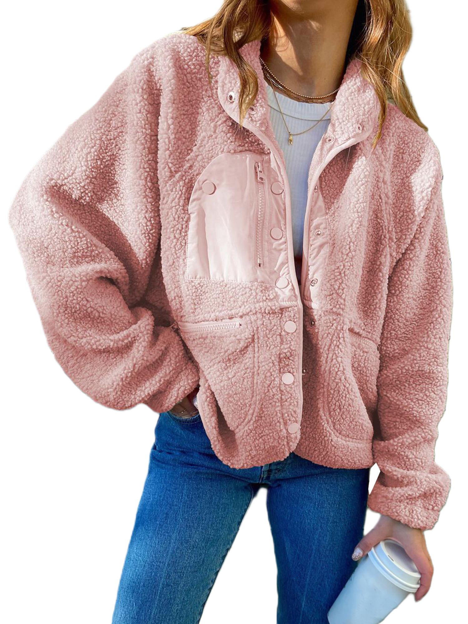 Frontwalk Ladies Fleece Fuzzy Jacket Solid Color Sherpa Coat Buttons Plush Jackets Work Casual Ca... | Walmart (US)