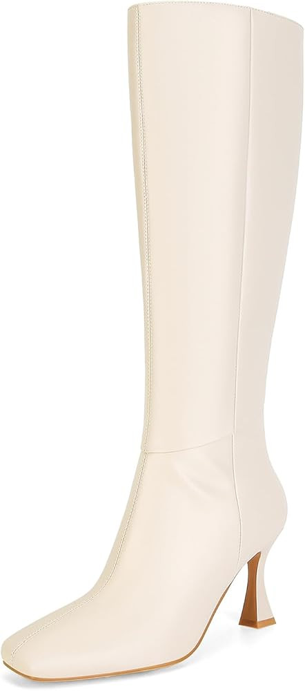 Dsevht Black Leather Knee High Boots for Women Stiletto Kitten Heeled Sexy Boots Square Toe and S... | Amazon (US)