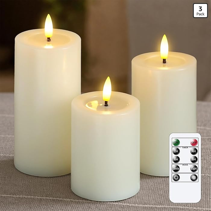 Remote Flameless Flickering Pillar Candles with Candle Grease Effect,Pack of 3 Ivory LED Battery ... | Amazon (US)