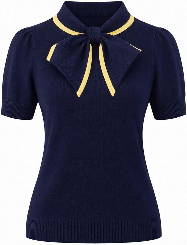 OXKNIT Women's Knit Short Sleeve T-Shirt 1960s Classic Vintage Mock Neck Cotton Dark Blue Tops Knitwear with Decor Bow at Amazon Women\u2019s Clothing store | Amazon (US)
