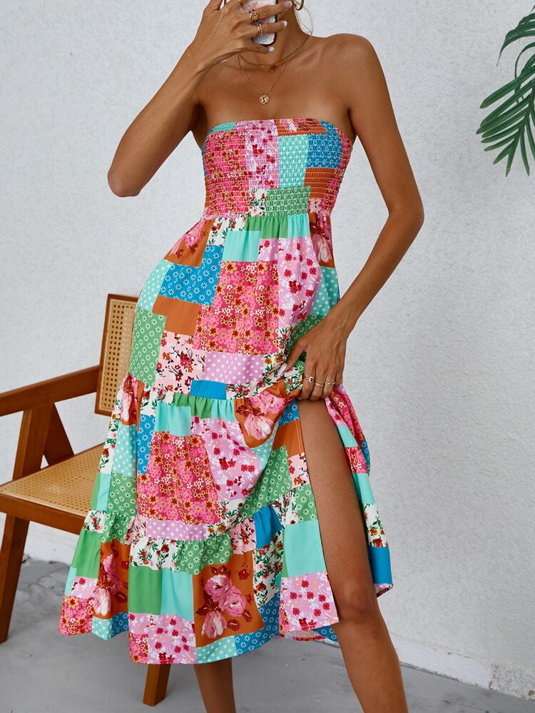 SHEIN VCAY Patchwork Print Shirred Detail Ruffle Hem Tube Dress
       
              
          ... | SHEIN