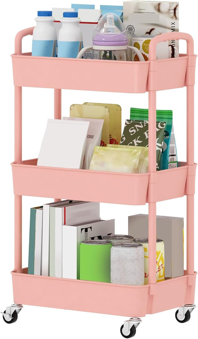 Sywhitta 3-Tier Plastic Rolling Utility Cart with Handle, Multi-Functional Storage Trolley for Of... | Amazon (US)