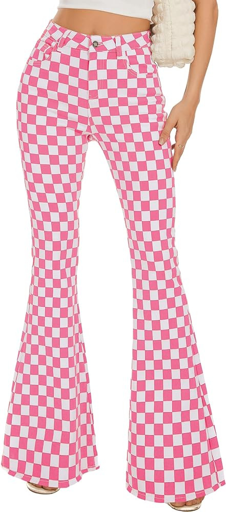 Bell Bottom Jeans for Women High Waisted Stretch Plaid Flare Jeans Denim Bootcut Pants | Amazon (US)