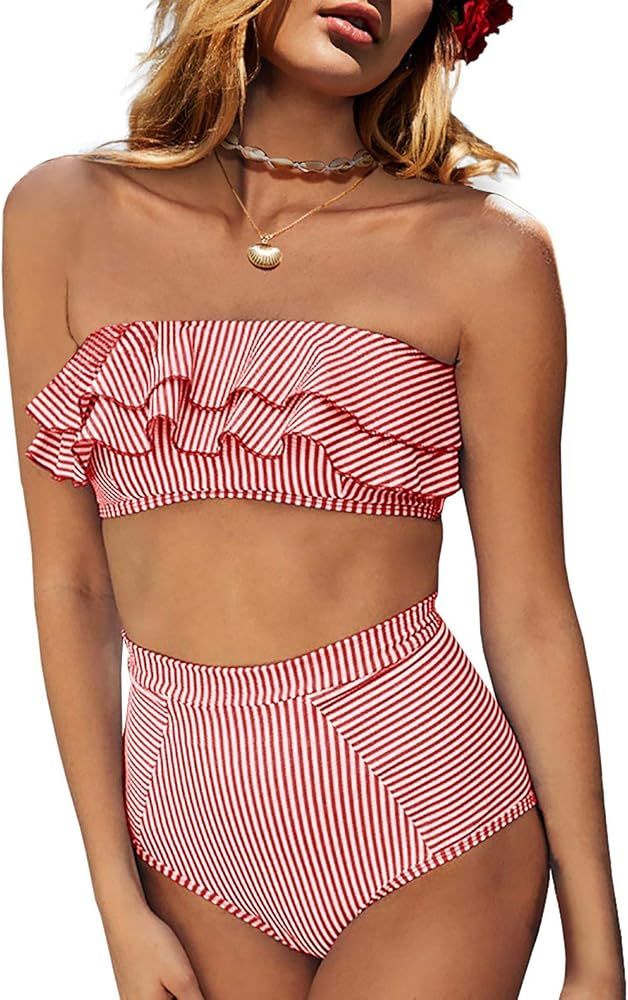 Saodimallsu Women High Waisted 2 Piece Bikini Set Bandeau Ruffle Swimsuit Top Striped Bathing Sui... | Amazon (US)