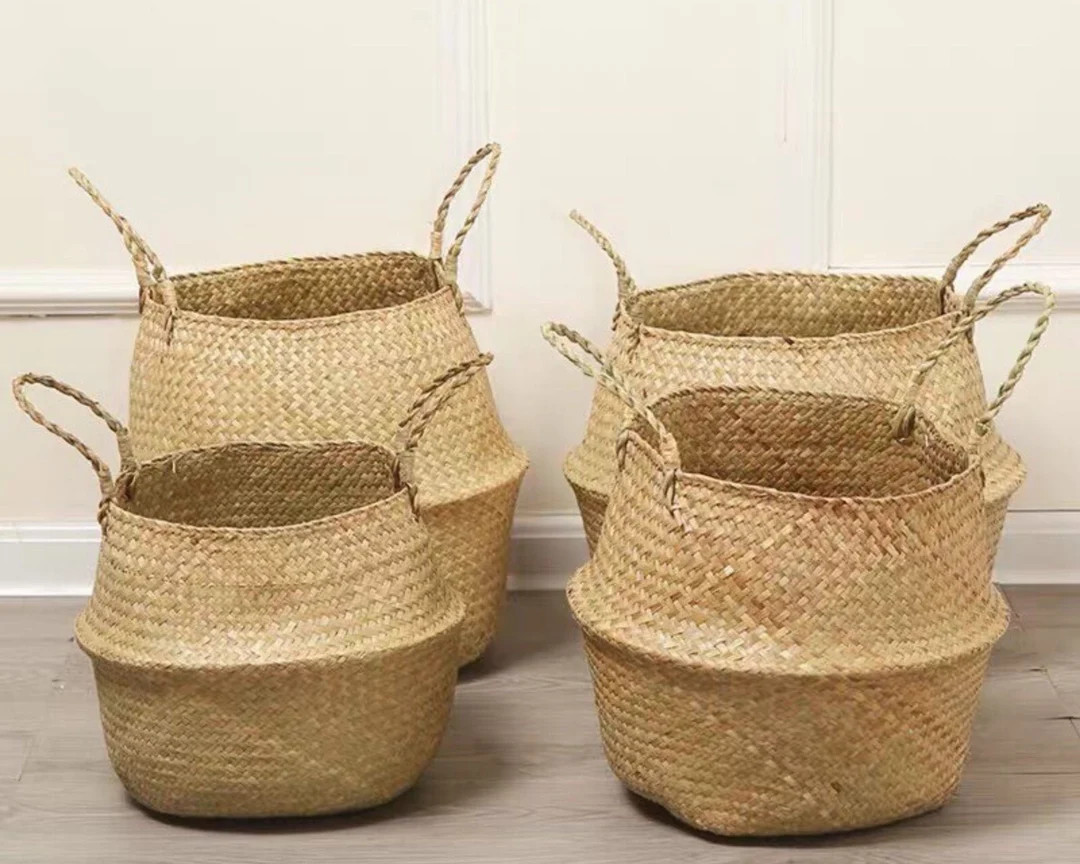 Large Seagrass Belly Plant Basket Storage Basket Wicker Basket With Lid Handmade Woven Vietnamese... | Etsy (US)