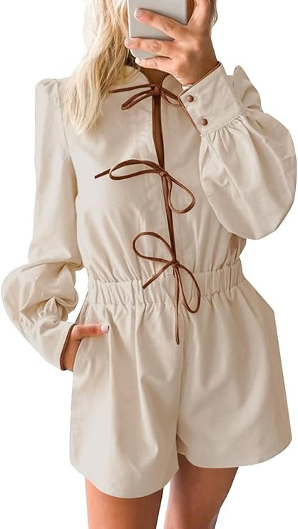 Cicy Bell Womens Casual Short Rompers Cute Tie Front Long Lantern Sleeve Shorts Jumpsuits with Po... | Amazon (US)