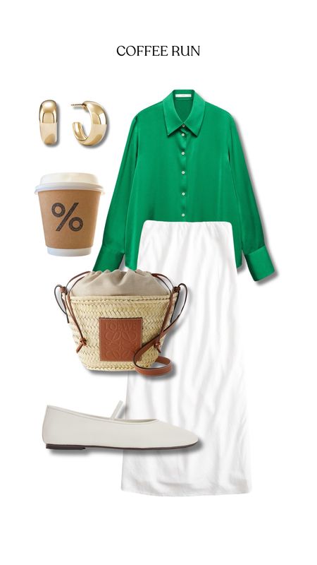 Coffee run errands outfit in Mary Jane flats white maxi skirt green silk blouse straw handbag 

#LTKstyletip #LTKbag #LTKshoes