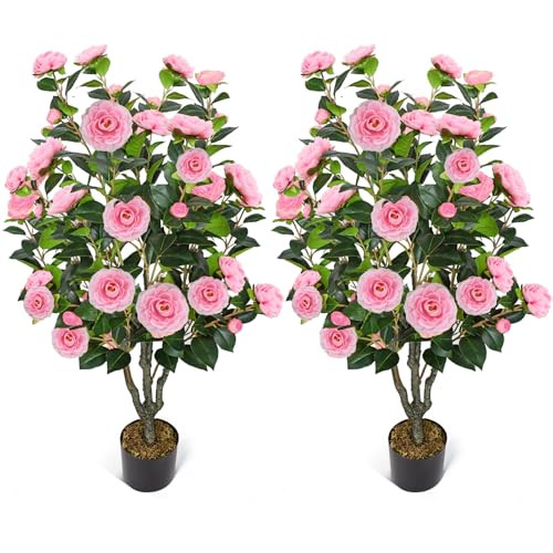 2 Pack 42" Artificial Camellia Tree with 36 Blooming Flowers Faux Floral Trees Tall Plastic Potted Fake Plant for Indoor Outdoor Office Shop Home Room Porch Front Door | Amazon (US)