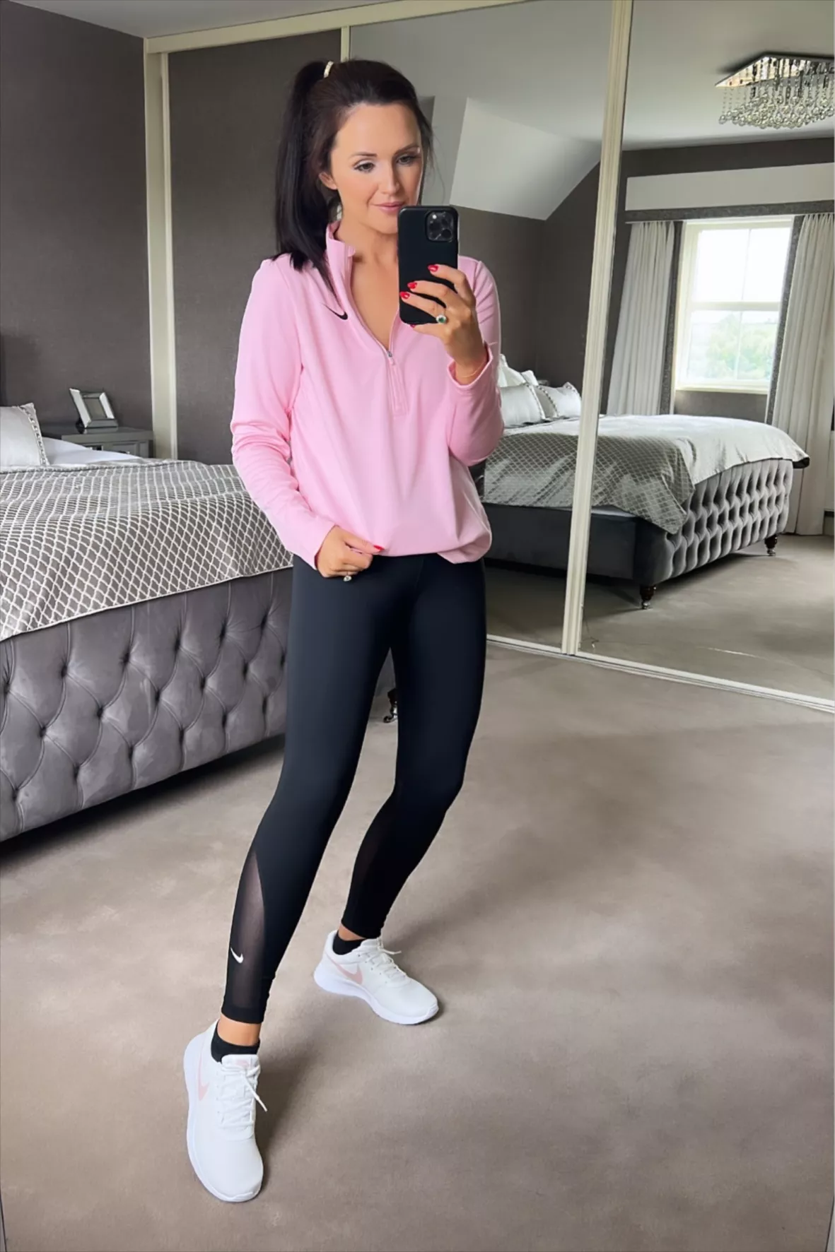 Pink Sweatshirt, Black Pocket Leggings, Pink Tanjun Sneakers, Grey