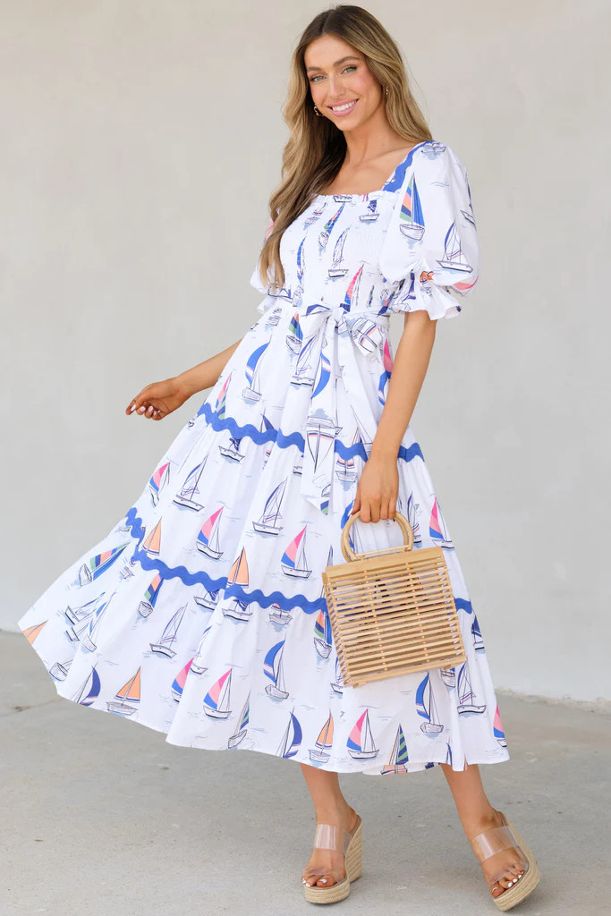 Keep On Sailing White Multi Print Midi Dress | Red Dress 