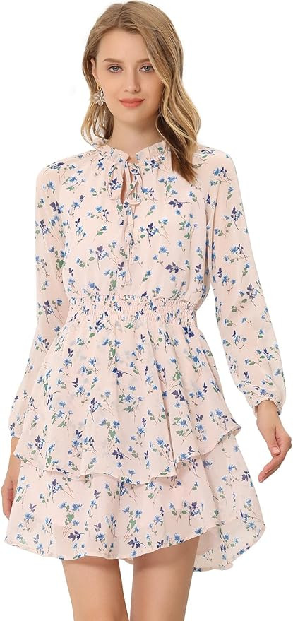 Allegra K Women's Ruffled Floral Smocked Waist Layered Tiered Chiffon Dress | Amazon (US)