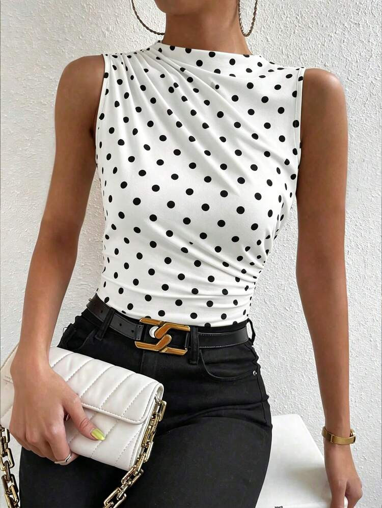 BamGleam Sleeveless Polka Dot Ruched Fitted Fashionable Summer Tank Top For Women | SHEIN