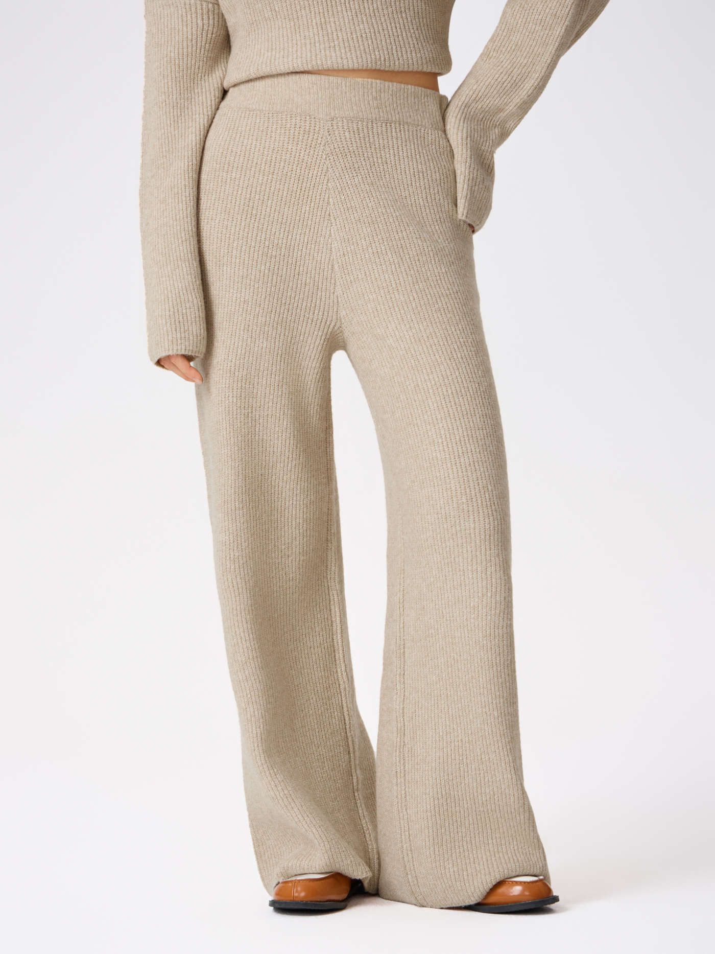 Wool-blend Knitted Mid Waist Wide Leg Trousers | Cider