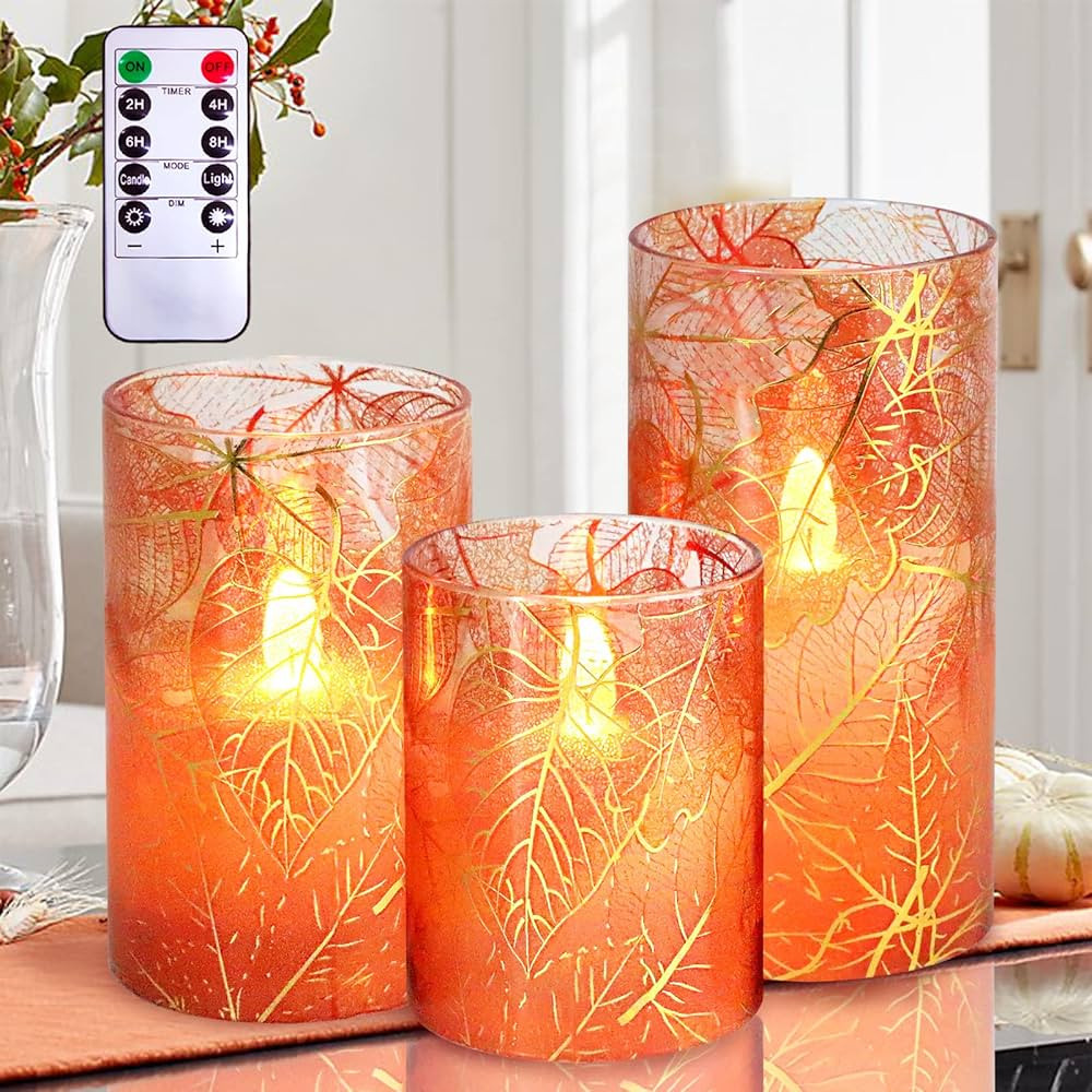 Immeiscent Flickering Flameless Candles, Fall Harvest Autumn Maple Leaf Glass Candle,Battery Cand... | Amazon (US)