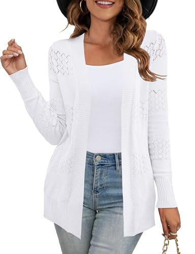 U.Vomade Casual Lightweight Long Sleeve Open Front Hollow Out White Cardigan for Women M | Amazon (US)