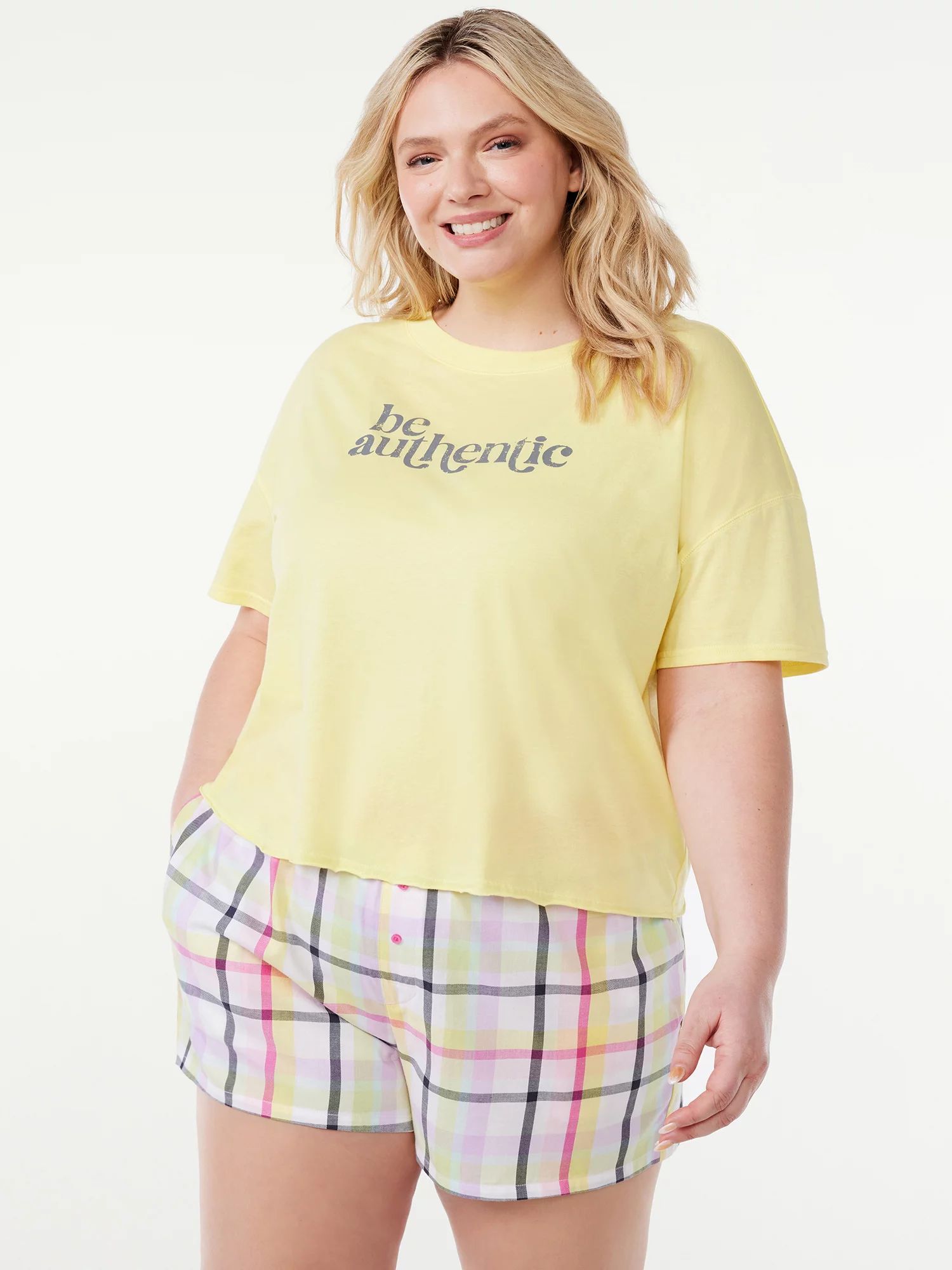 Joyspun Women's Short Sleeve Tee and Woven Shorts Pajama Set, Sizes S to 3X | Walmart (US)