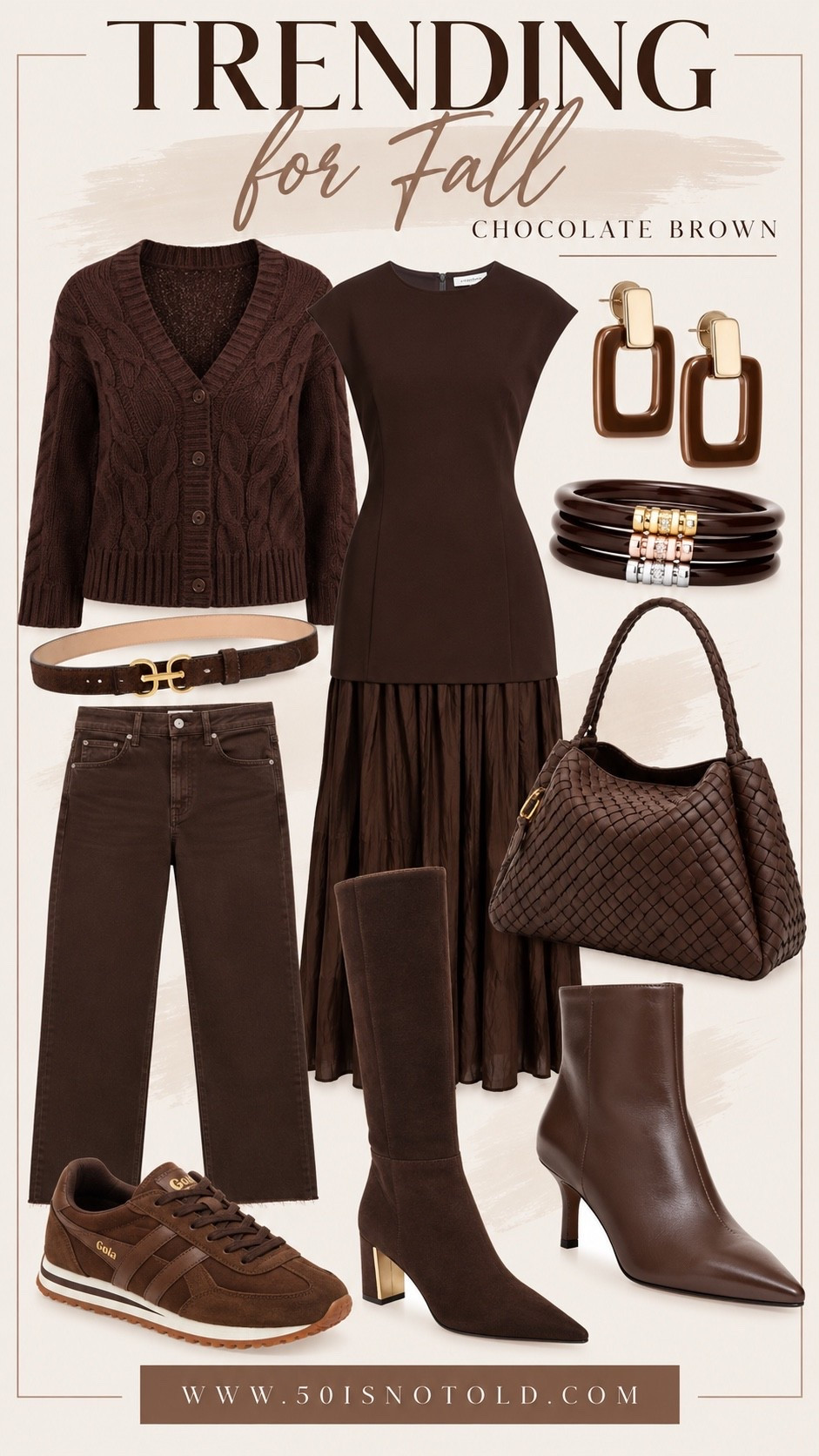 Trending for Fall is chocolate brown! So many great pieces to add to your wardrobe. Brown jeans | brown boots | brown sneakers | brown accessories