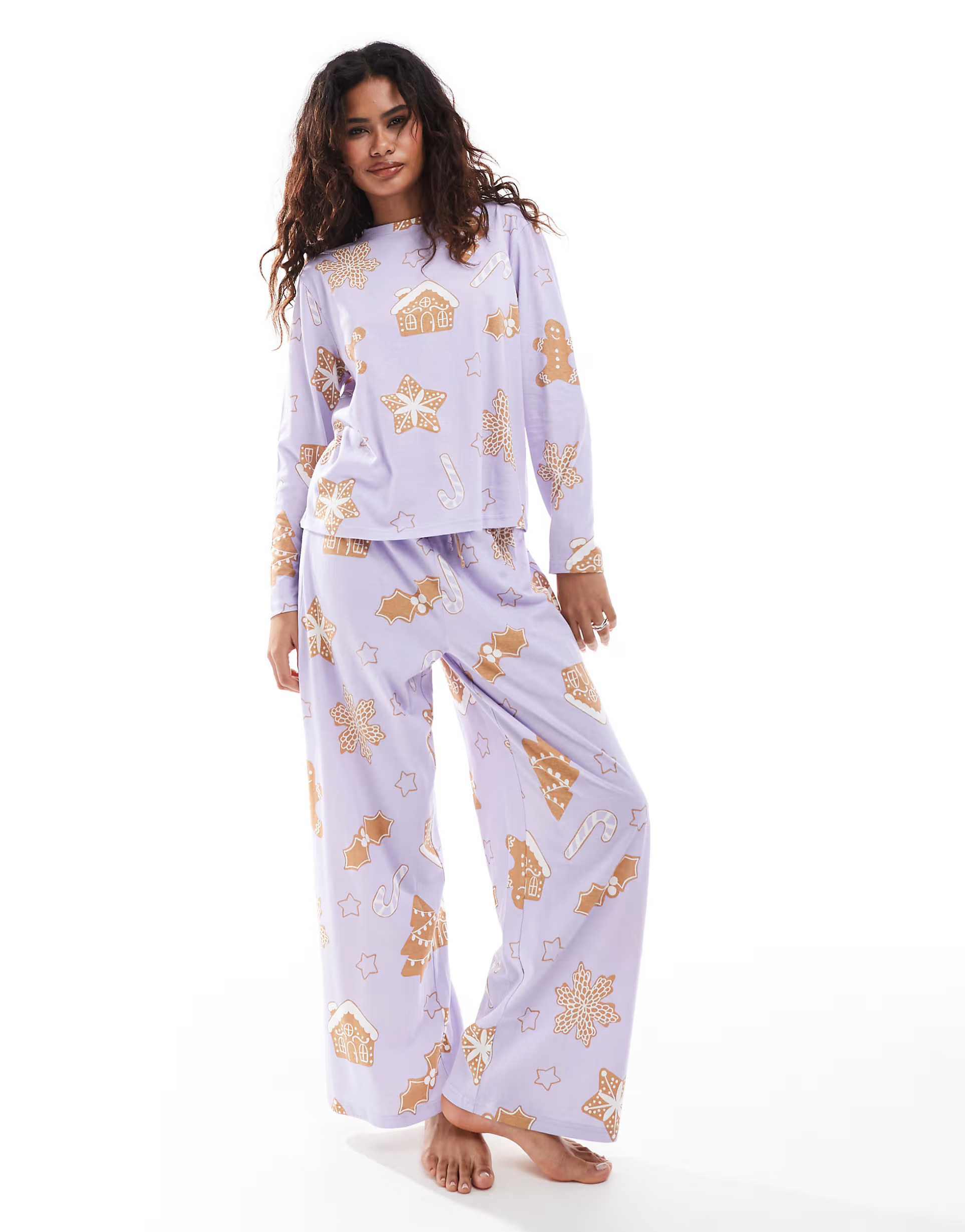 ASOS DESIGN gingerbread house long sleeve top & pants pajama set in purple | ASOS (Global)