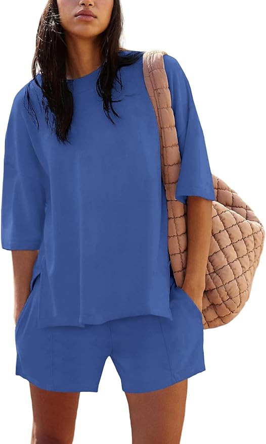 Womens Shorts Sets 2 Piece Outfits Summer 2025 Half Sleeve Crew Neck Cotton Lounge Sets Matching ... | Amazon (US)