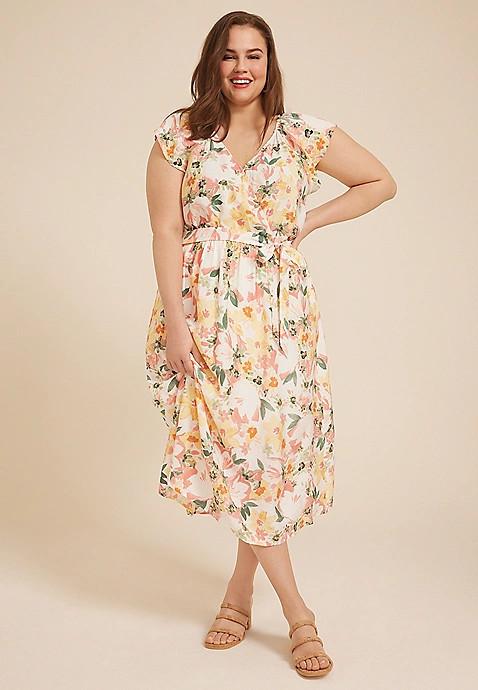 Plus Size Cool Crepe Floral Flutter Sleeve Wrap Midi Dress | Maurices
