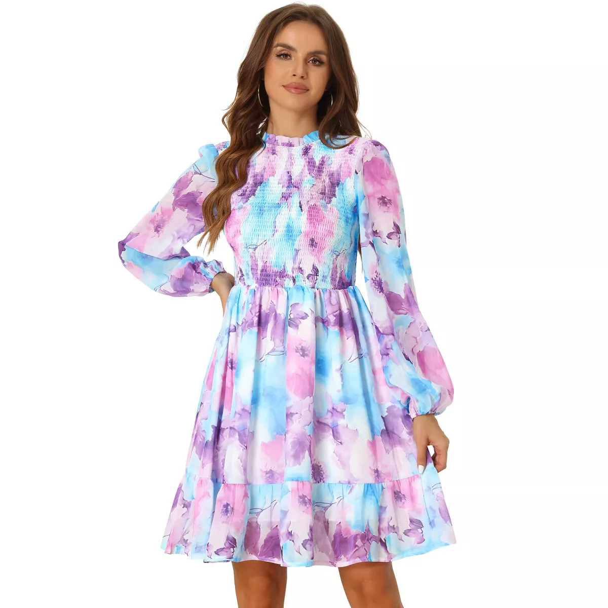 Allegra K Women's Smocked Ruffle Neck Long Sleeve Floral Chiffon Mini Dress | Target