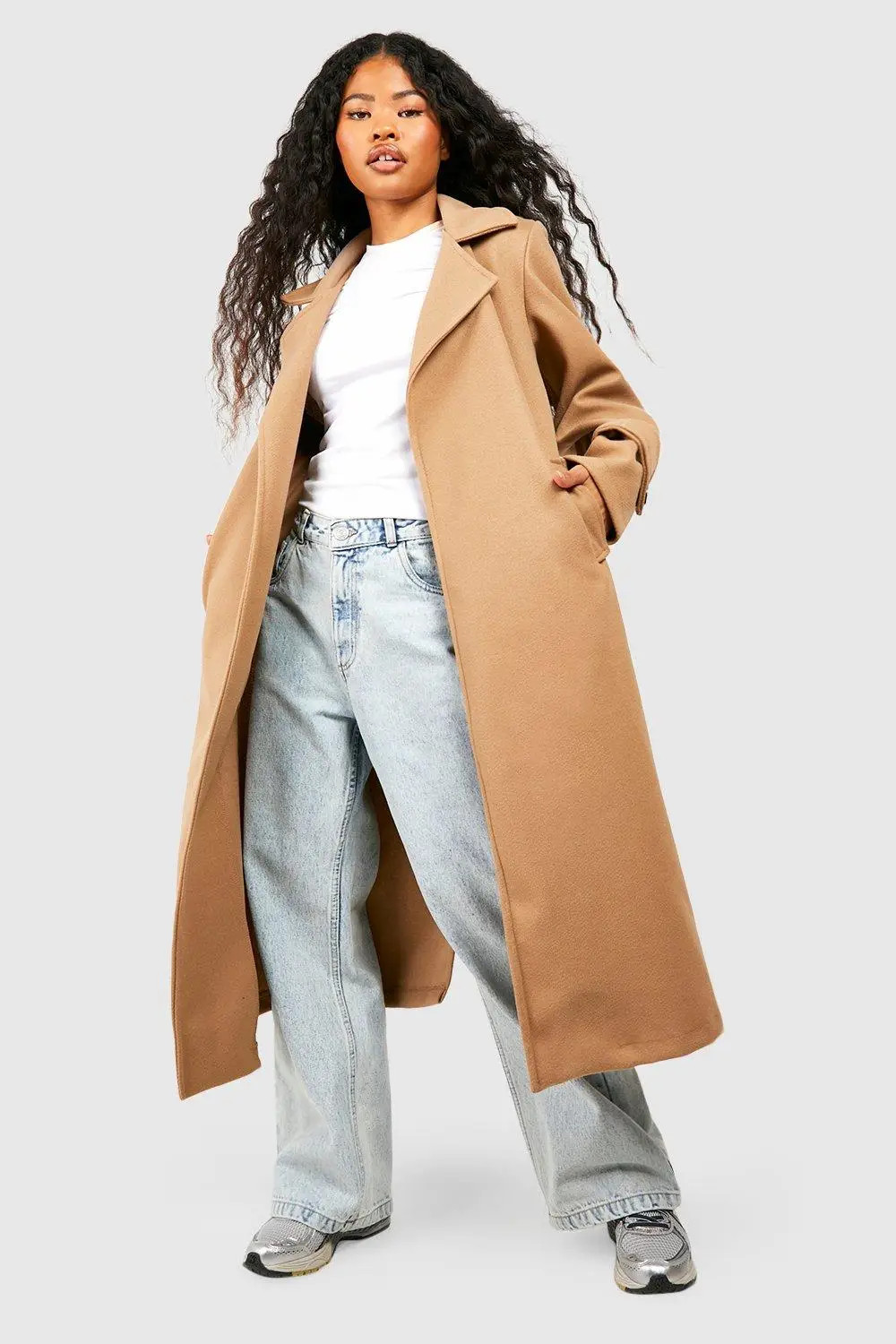 Petite Belted Wool Look Trench | boohoo (US & Canada)