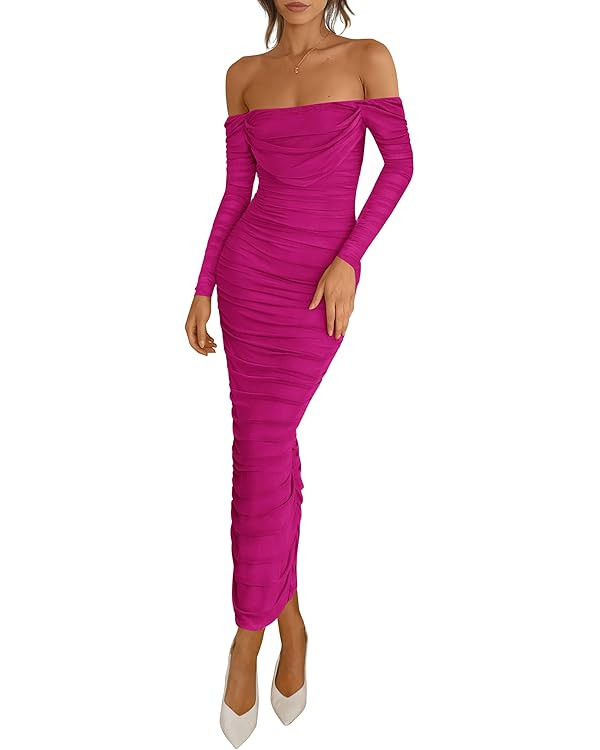 PRETTYGARDEN Womens 2025 Fall Long Sleeve Maxi Dress Off Shoulder Mesh Ruched Bodycon Trendy Long... | Amazon (US)