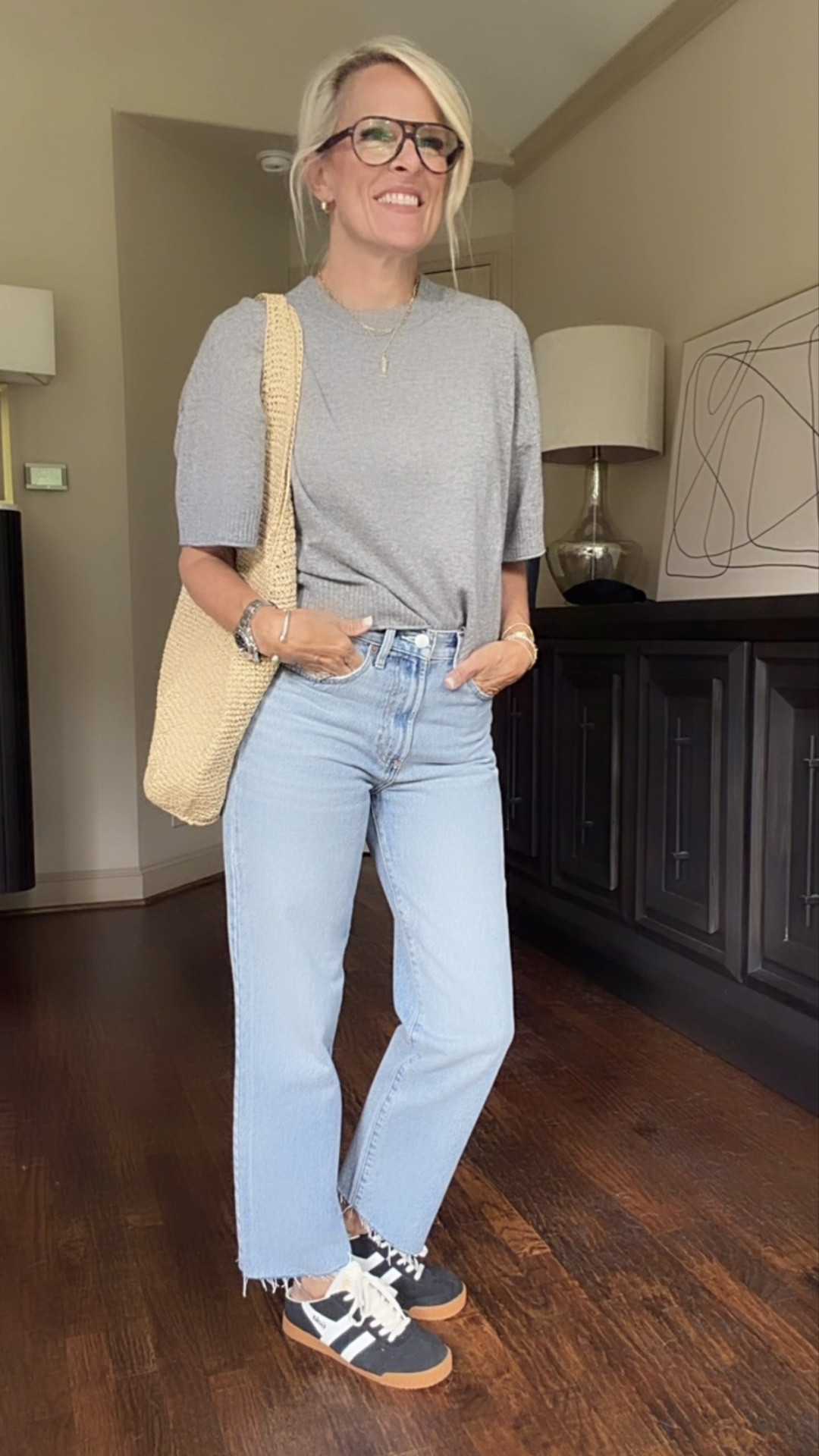 Back in stock!! 
Straight leg denim $60
 SO GOOD
Wearing 27 tts 
100% organic cotton sweater – sized up to medium color speckled beige 
Mongolian Kashmir sweater – wearing small, true to size ￼￼

#LTKootd #LTKOver40 #LTKgrwm