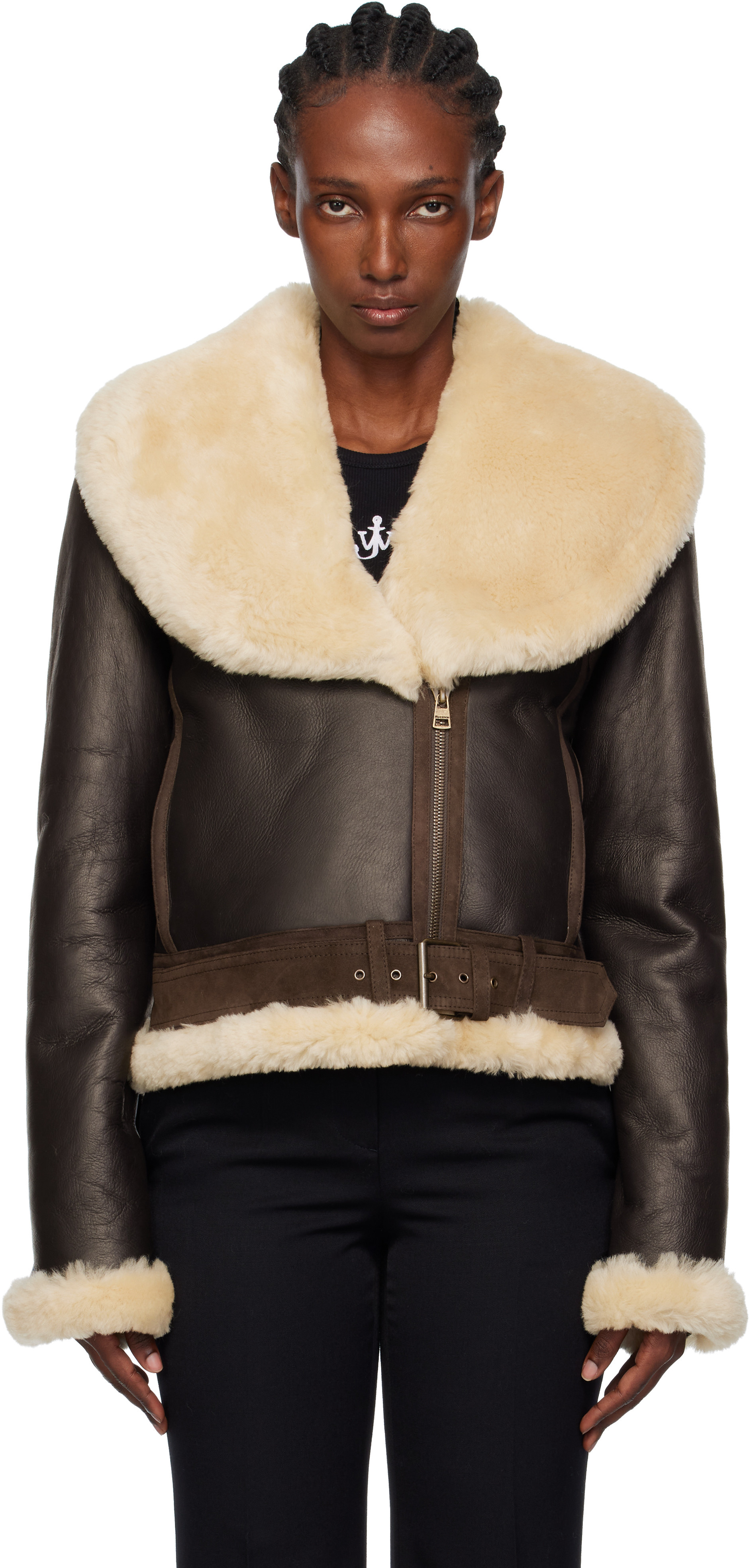 JW Anderson Brown & Beige Aviator Shearling Jacket | SSENSE