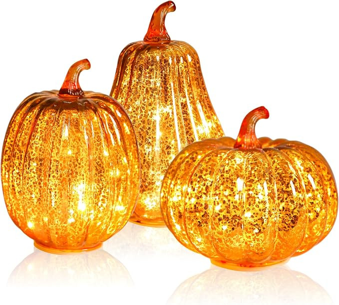Mercury Glass Pumpkin Light 3PCS Fall Halloween Pumpkins Decor | Amazon (US)