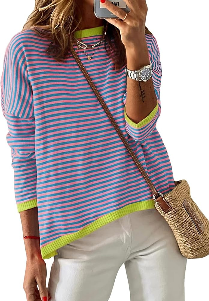 Dokotoo Long Sleeve Shirts for Women Casual Spring Crewneck Striped Color Block Shirt High Low Pu... | Amazon (US)