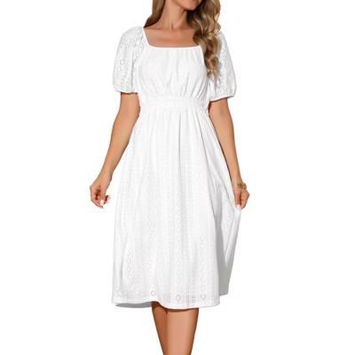 INSPIRE CHIC Women's Eyelet Square Neck Short Puff Sleeve Casual A Line Summer Midi Dress White Medium | Target