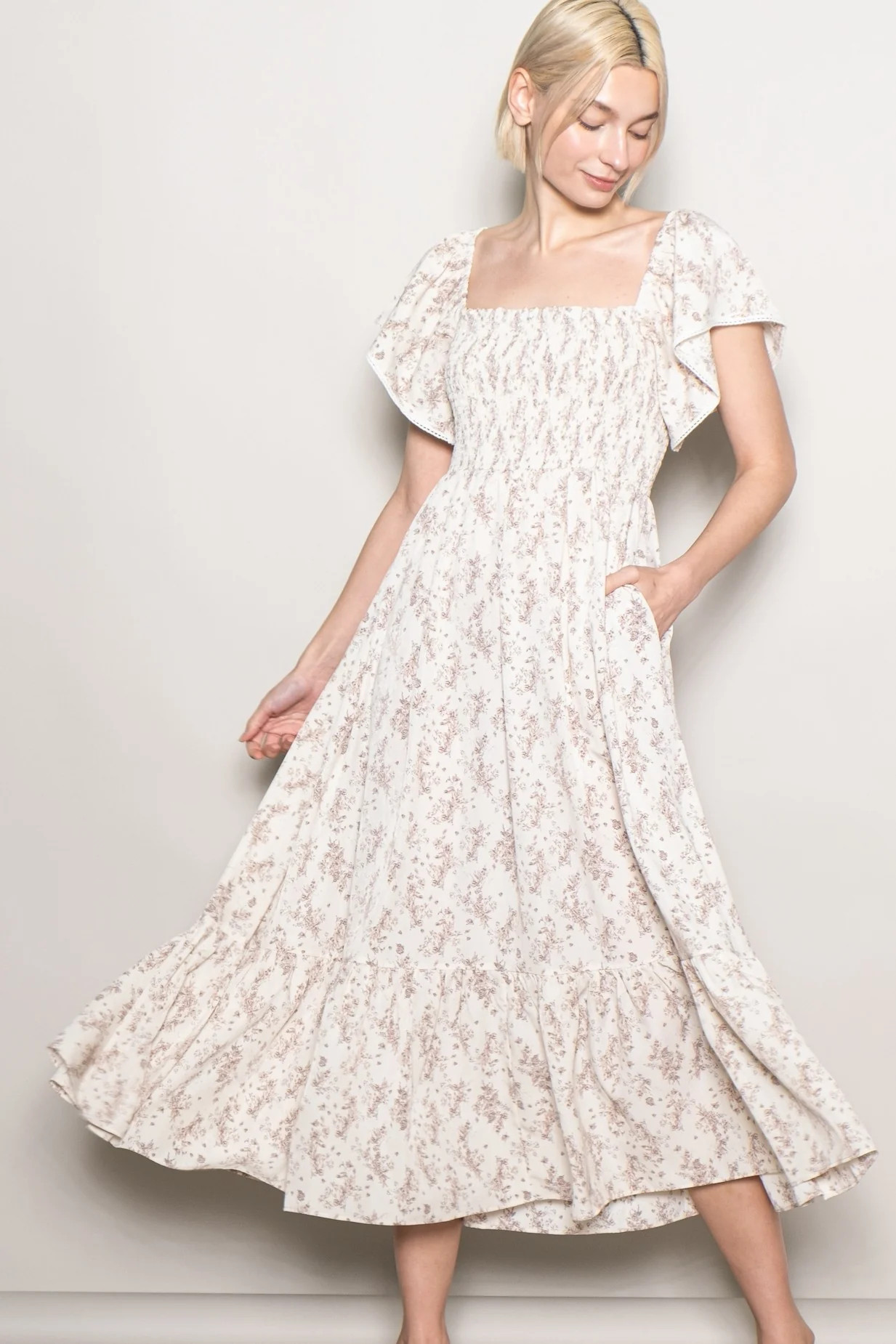 Cream Floral Smocked Lace Trim Flutter Sleeve Midi Dress | PinkBlush Maternity