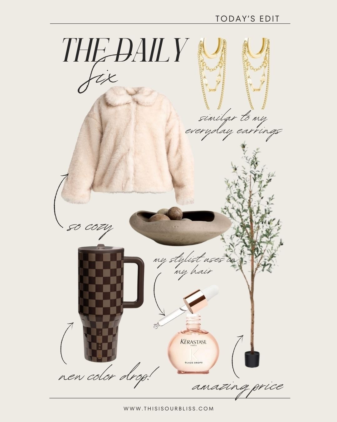 The daily 6️⃣! Today’s daily finds! 

- cozy faux fur jacket under $40 
- mini hoops with chains
- unique table top centerpiece bowl
- the new checkered Hydro jug pattern! 
- slim, olive tree — incredible price!
- the hair oil my stylist uses on me to finish off my short hair! SO GOOD! 

#LTKStyleTip #LTKBeauty #LTKFindsUnder50