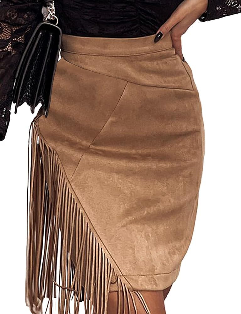 IDEALSANXUN Fringe Suede Skirt for Women High Waisted Fall Winter Tassel Short Mini Skirt 2025 | Amazon (US)