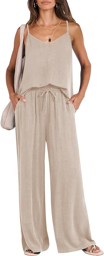 ANRABESS Women's 2 Piece Sets 2024 Summer Outfits Sleeveless Crop Wide Leg Linen Jumpsuit Casual ... | Amazon (US)