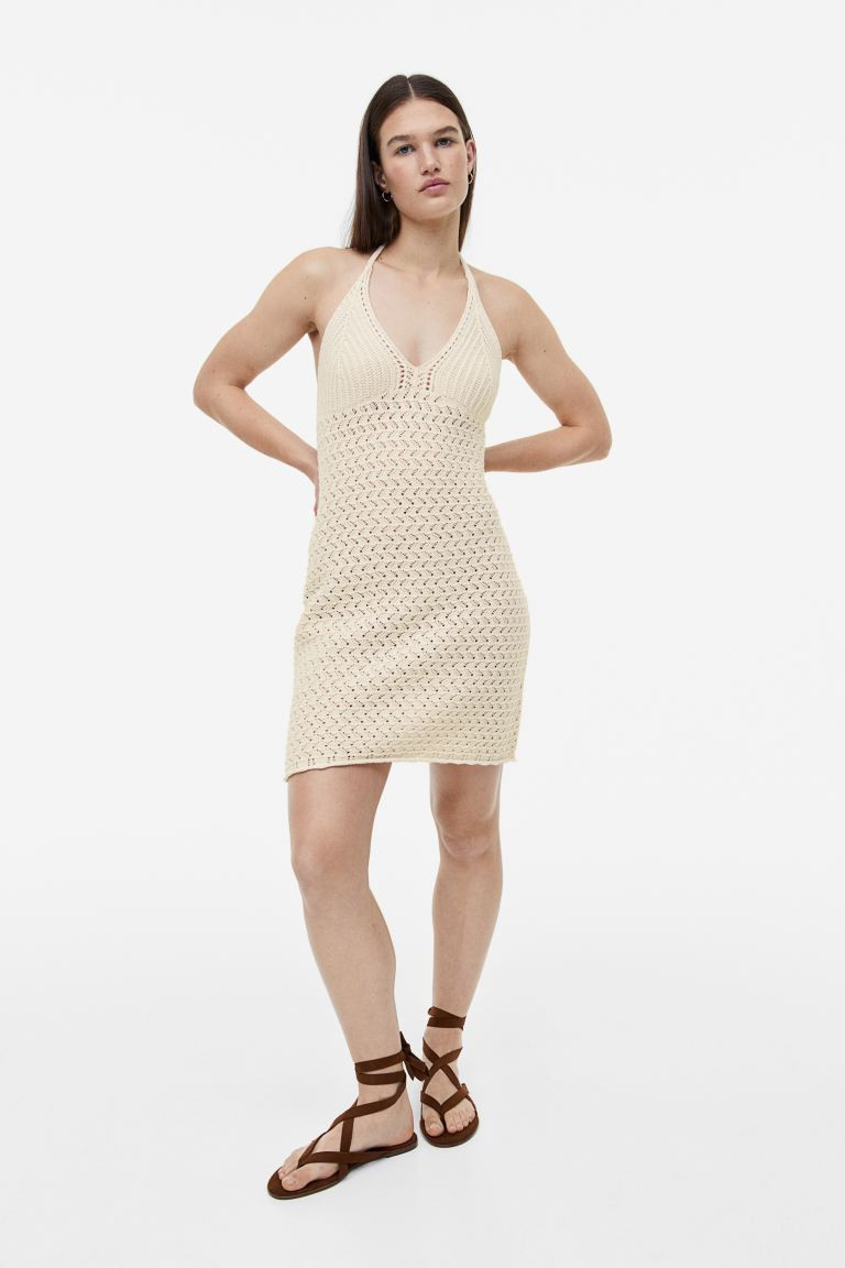 Crochet-look mini dress - Light beige - Ladies | H&M GB | H&M (UK, MY, IN, SG, PH, TW, HK)