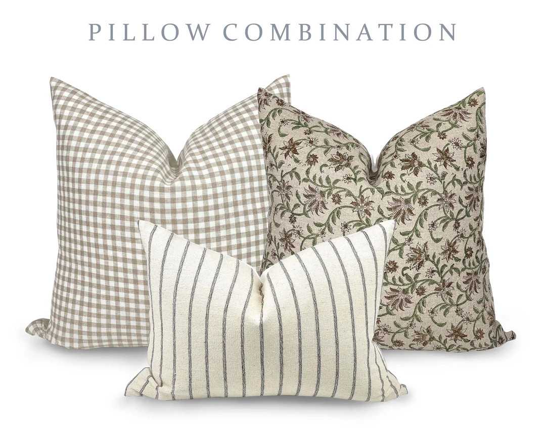 PILLOW COMBO | Warm Neutrals, Gingham Pillow, Earthy Floral Pillow, Striped Pillow, Pillow Combin... | Etsy (US)