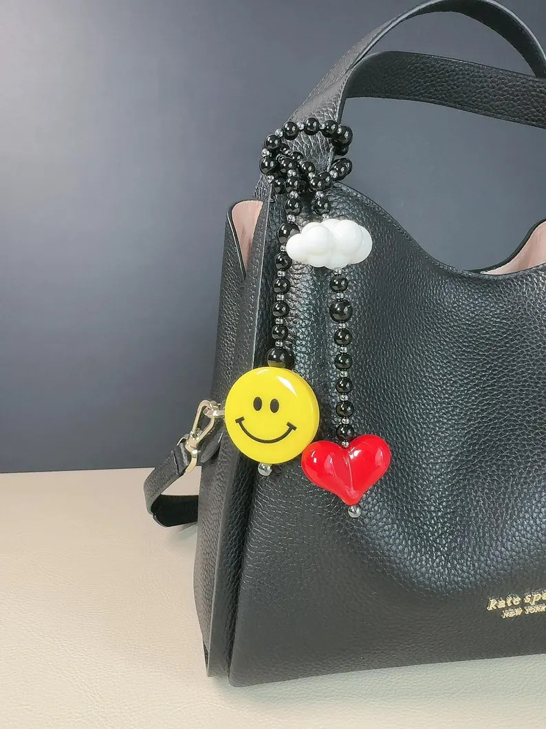 Big Red Heart Bag With Cloud Bag Charm, Cute Large Smiley Face Bag Charm, Retro Black Gemstone Ba... | Etsy (US)