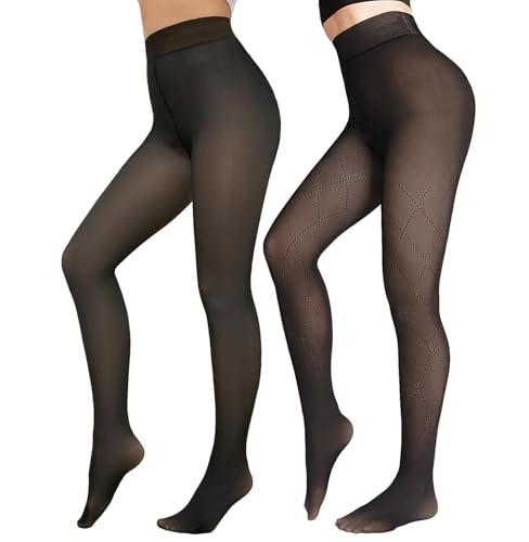 X-CHENG 2 Pairs Women Fleece Lined Tights-Fishnets Patterned High Waist Thermal Pantyhose Fake Translucent Sheer Thick Warm Tights For Women | Amazon (US)