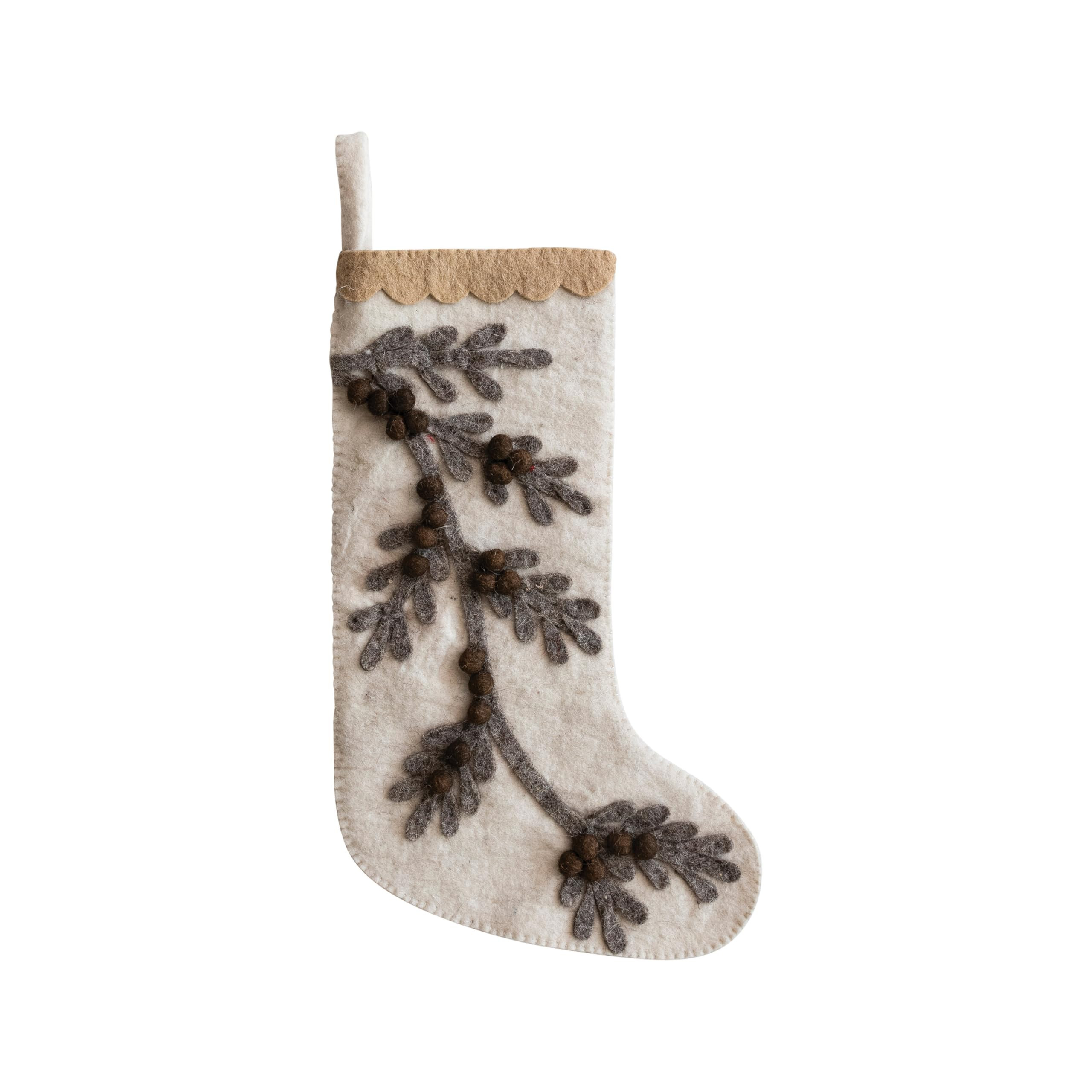 Creative Co-Op Handmade Wool Felt Stocking with Appliqued Branch, Pom Poms and Scalloped Trim, Mu... | Amazon (US)