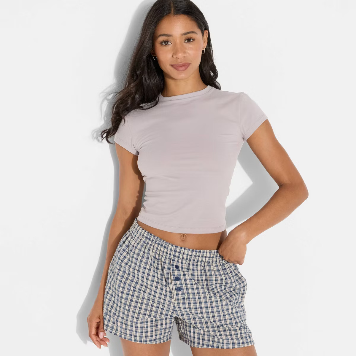 Women's Seersucker Plaid Flannel Boxer Shorts - Navy Blue | Target