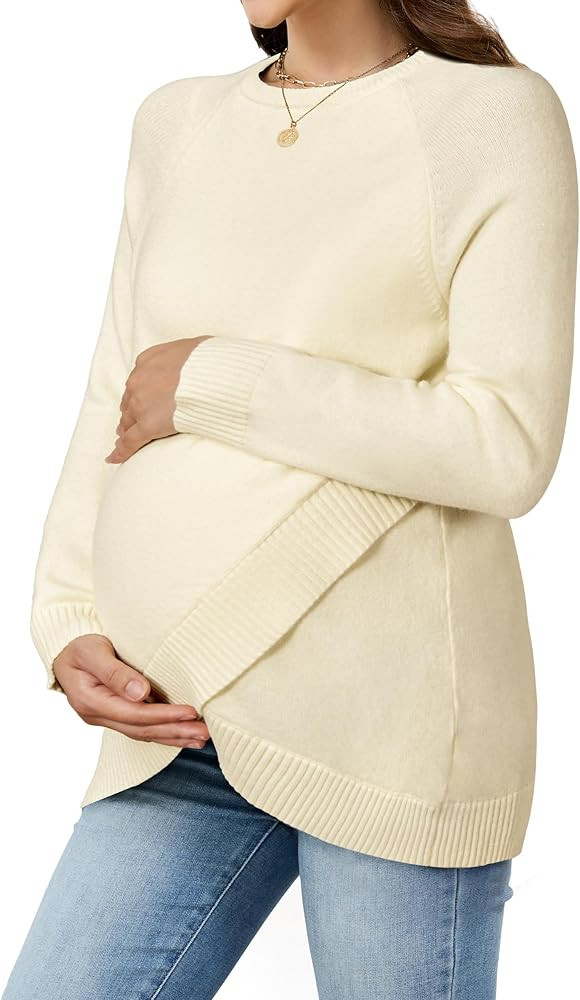 OUGES Women's Wool Blend Maternity Sweater Crossover Ribbed Hem Casual Pullover Tops | Amazon (US)