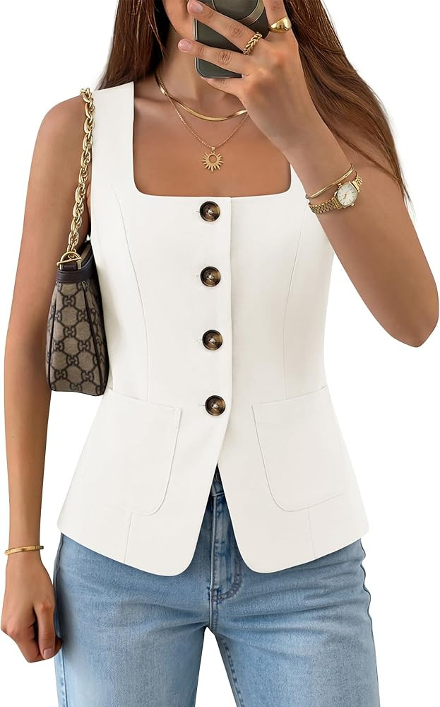 ZESICA Womens Summer Sleeveless Suit Vest Tops 2026 Square Neck Button Down Vests Business Casual... | Amazon (US)
