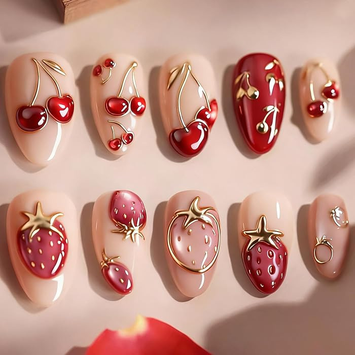30Pcs Cute Strawberry Press on Nails Short Almond Fake Nails with 3D Designs Red Cherry Acrylic N... | Amazon (US)