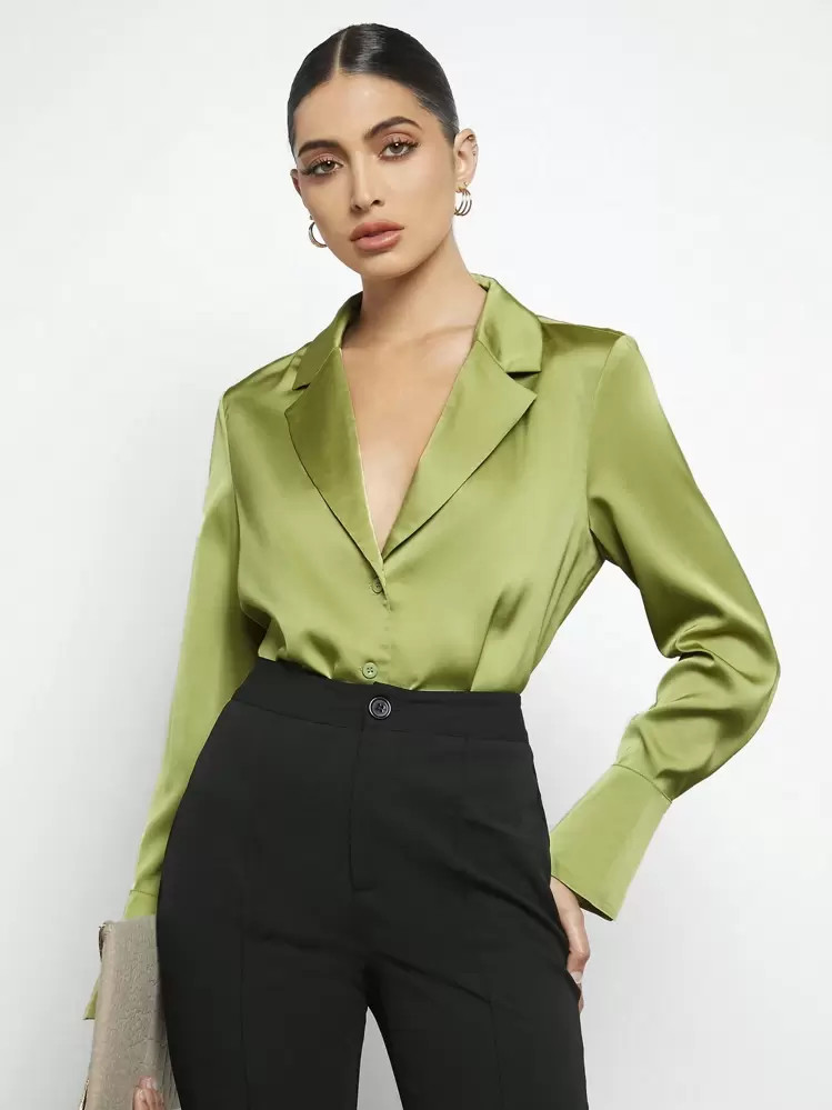 BizChic Lapel Collar Button Front Satin Shirt Long Sleeve | SHEIN