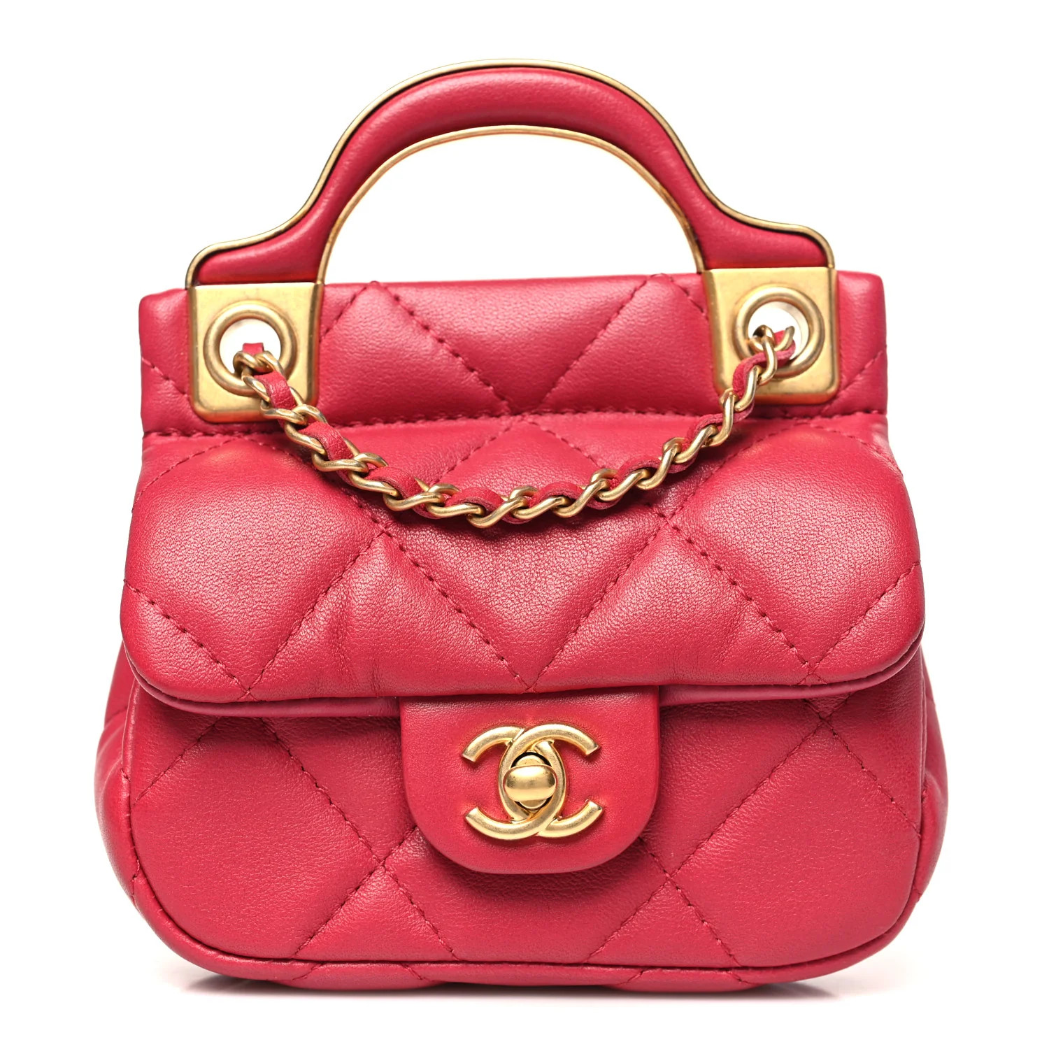 Calfskin Quilted Lady Handle Flap Card Holder With Chain Dark Pink | FASHIONPHILE (US)