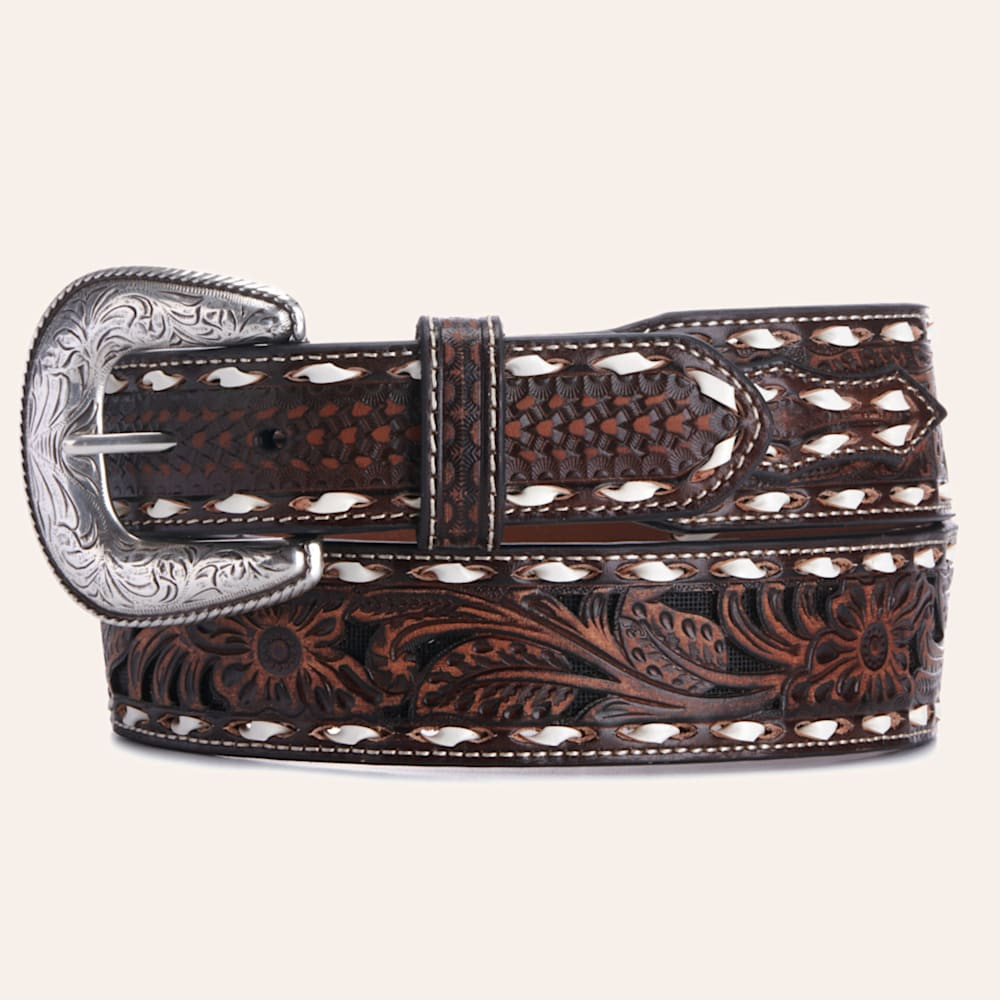 Ariat Men's Brown Floral Tooling and White Lacing Tapered Western Belt | Cavender's