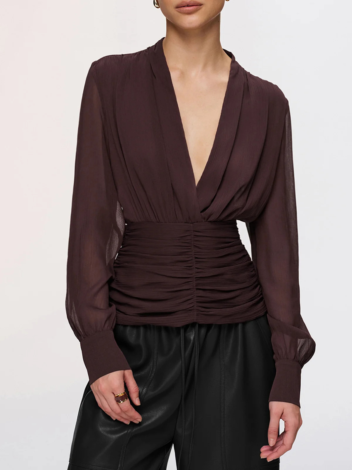 Semi-Sheer Ruched Deep V-Neck Blouse | Commense