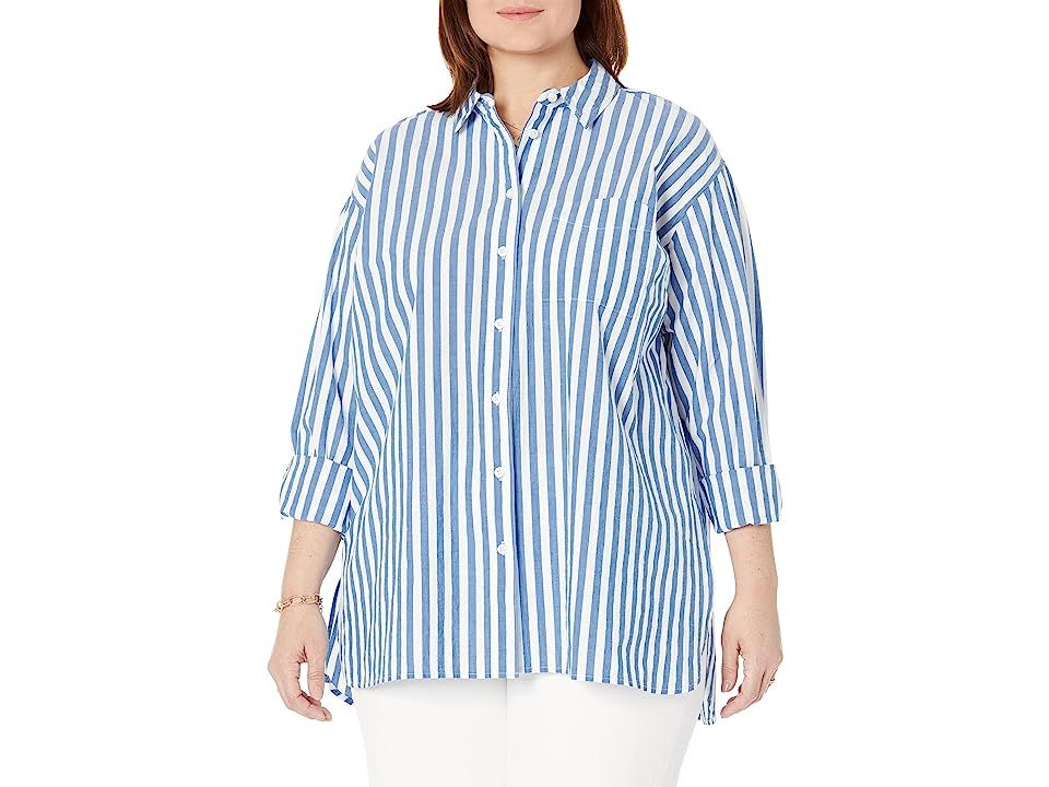 Madewell The Plus Signature Poplin Oversized Shirt in Springy Stripe (Hermitage Blue) Women's Clothi | Zappos